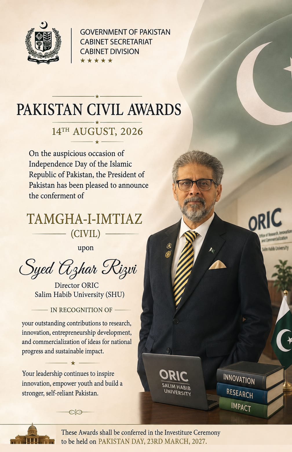Pakistan Civil Awards certificate — Tamgha-e-Imtiaz conferred on Syed Azhar Rizvi