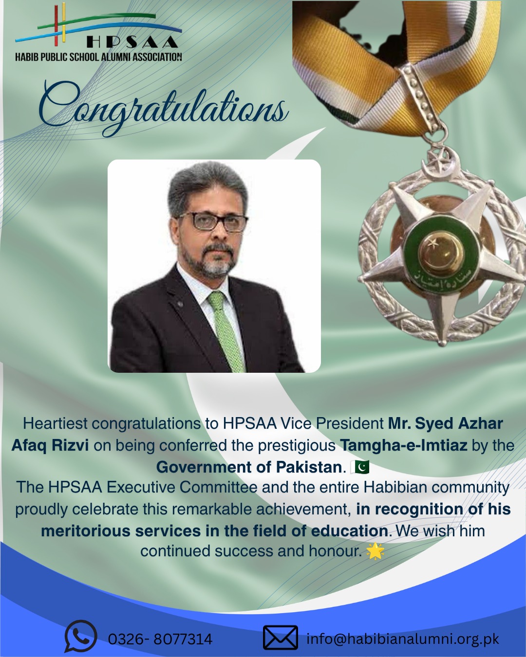 HPSAA congratulatory note for Syed Azhar Rizvi's Tamgha-e-Imtiaz